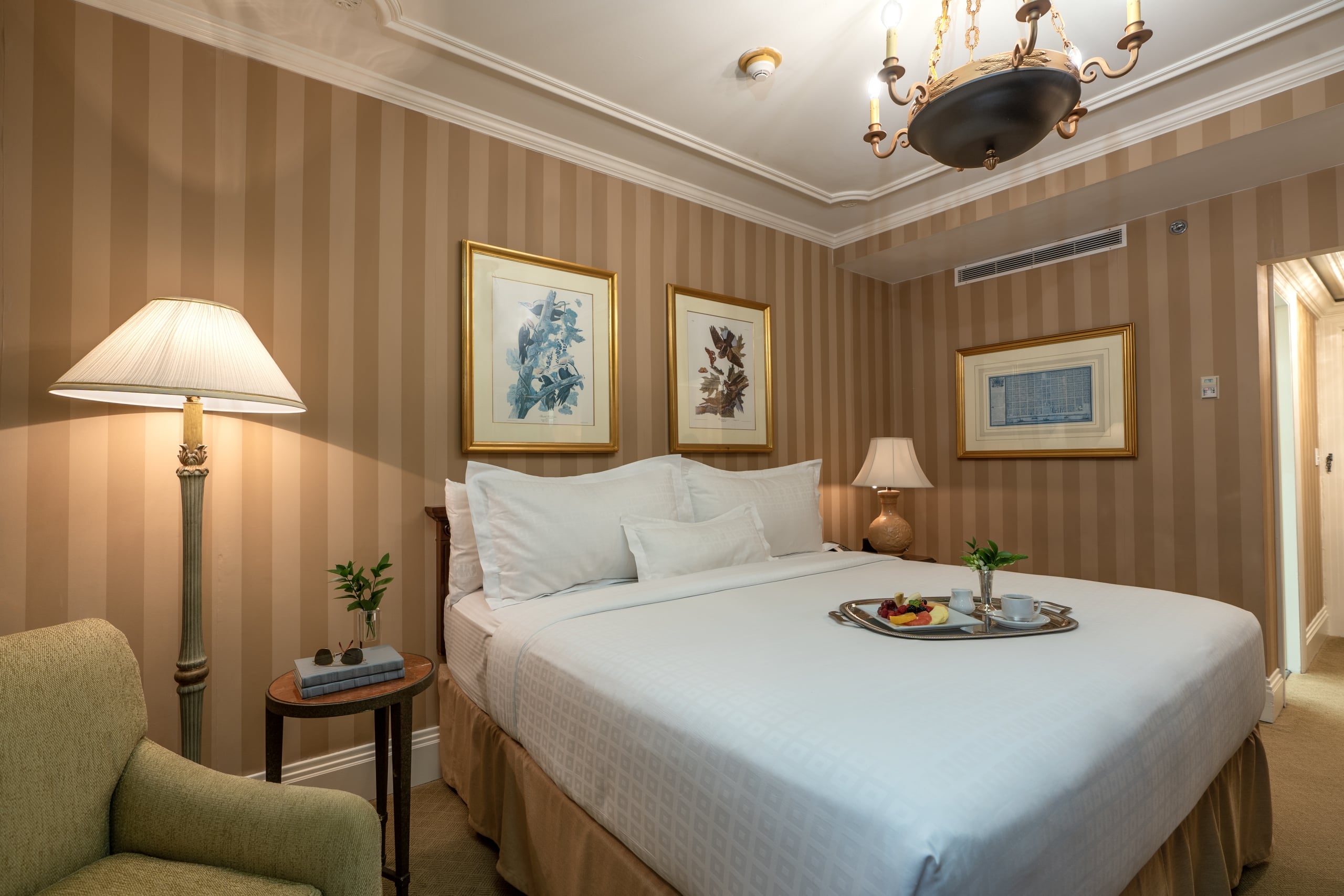 Elegant New Orleans hotel room with a plush bed, breakfast tray, and classic charm.