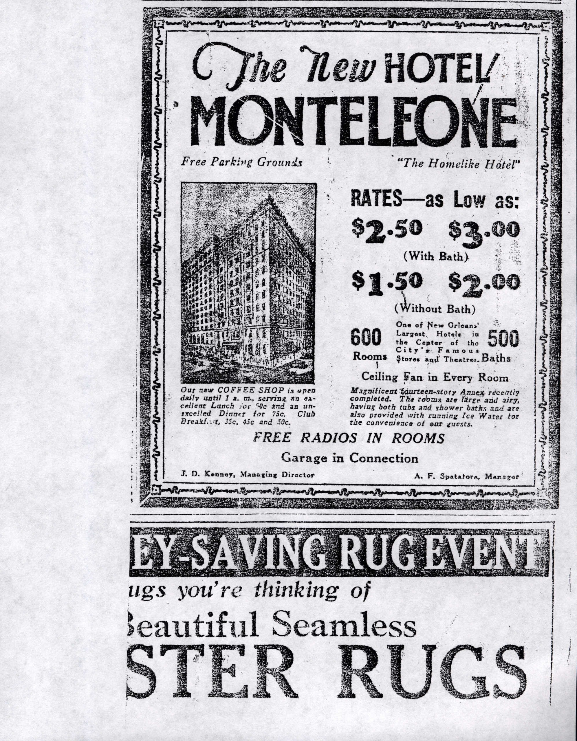 Vintage drawing of the grand Hotel Monteleone building in New Orleans, Louisiana.
