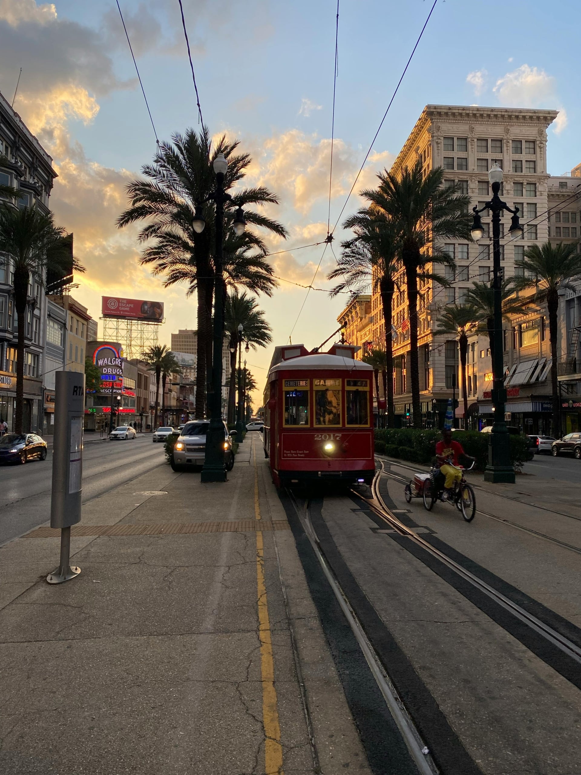 New Orleans streetcar on a city street at sunset, framed by palm trees and historic architecture.