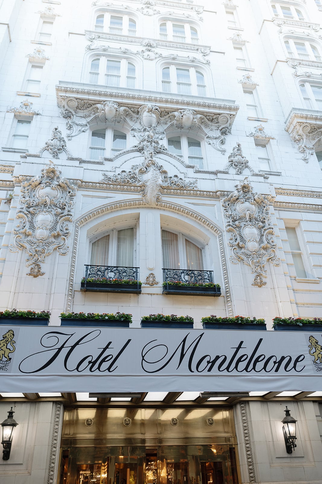 Hotel Monteleone sign and ornate white architecture in historic New Orleans