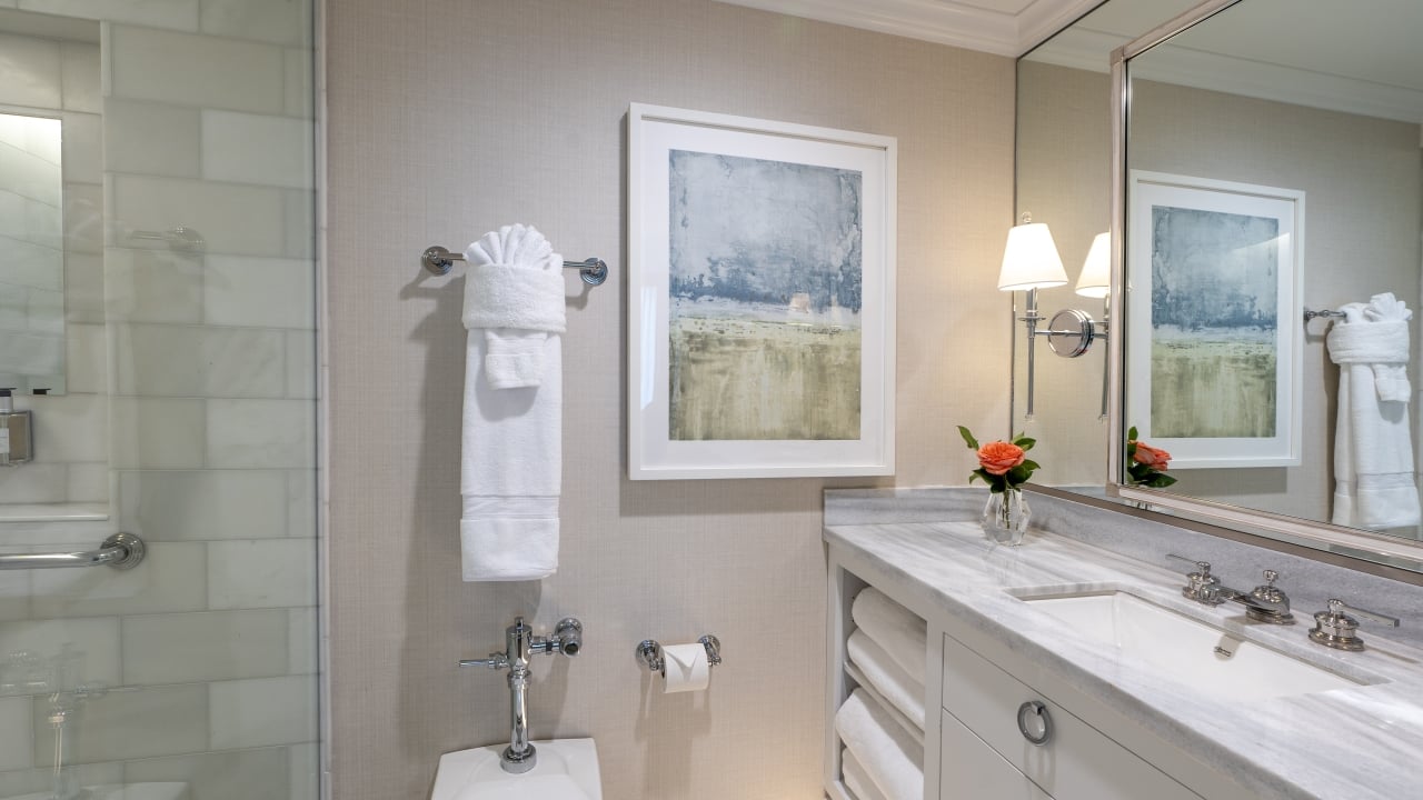 A clean and well-appointed bathroom with a shower, double sink, and artwork.